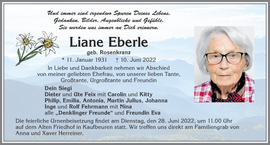 Traueranzeige von Liane Eberle von Allgäuer Zeitung, Kaufbeuren/Buchloe
