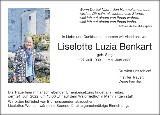 Traueranzeige von Liselotte Luzia Benkart von Memminger Zeitung