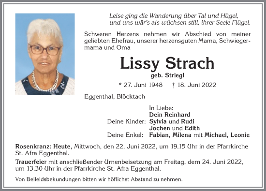 Traueranzeige von Lissy Strach von Allgäuer Zeitung, Kaufbeuren/Buchloe