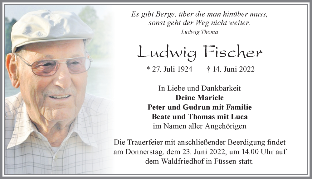  Traueranzeige für Ludwig Fischer vom 21.06.2022 aus Allgäuer Zeitung, Füssen