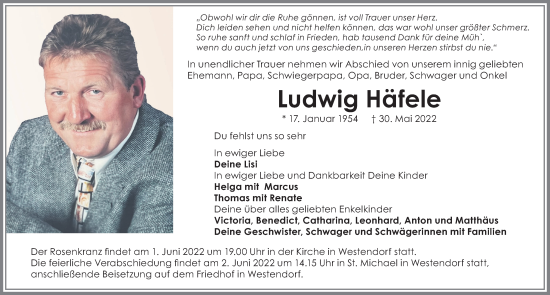 Traueranzeige von Ludwig Häfele von Allgäuer Zeitung, Kaufbeuren/Buchloe