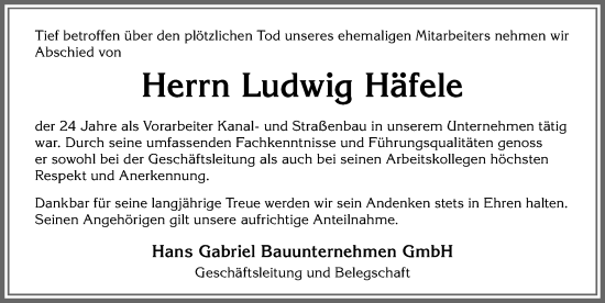 Traueranzeige von Ludwig Häfele von Allgäuer Zeitung, Kaufbeuren/Buchloe