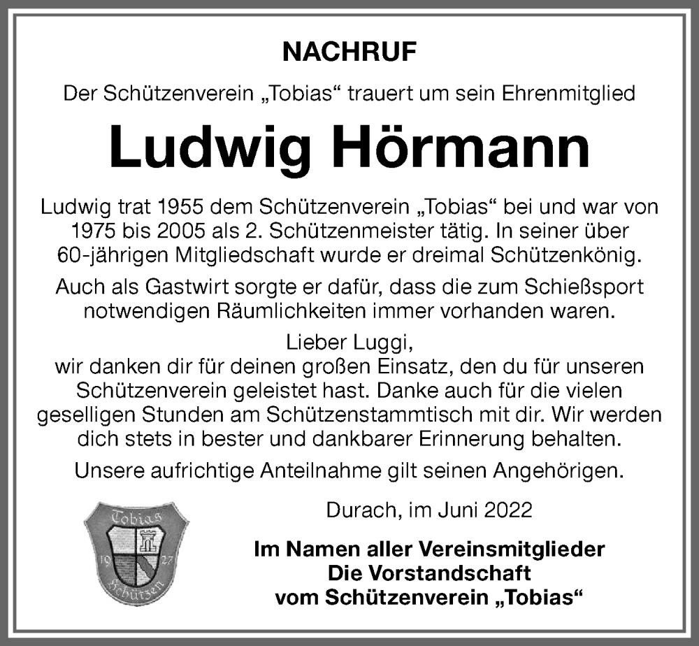  Traueranzeige für Ludwig Hörmann vom 02.06.2022 aus Allgäuer Zeitung,Kempten
