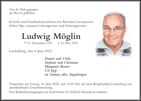 Traueranzeige von Ludwig Möglin von Der Westallgäuer