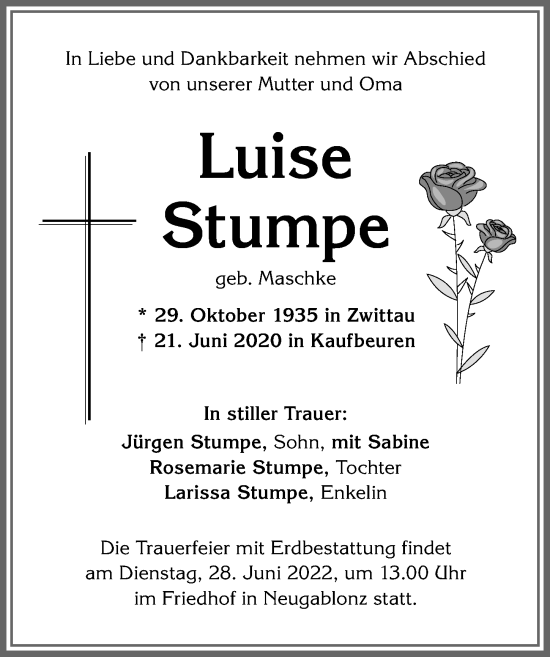 Traueranzeige von Luise Stumpe von Allgäuer Zeitung, Kaufbeuren/Buchloe