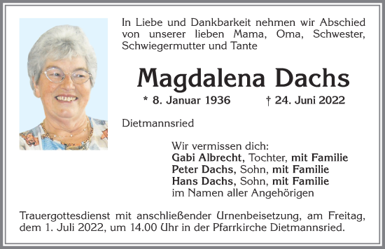 Traueranzeige von Magdalena Dachs von Allgäuer Zeitung,Kempten