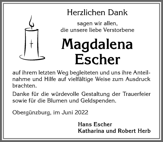 Traueranzeige von Magdalena Escher von Allgäuer Zeitung, Marktoberdorf