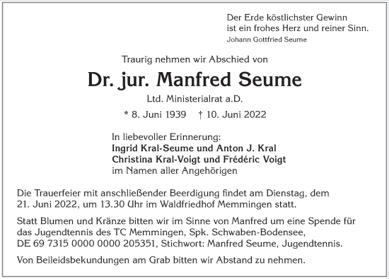 Traueranzeige von Manfred Seume von Memminger Zeitung