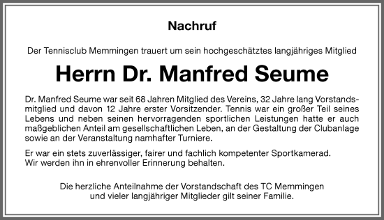 Traueranzeige von Manfred Seume von Memminger Zeitung
