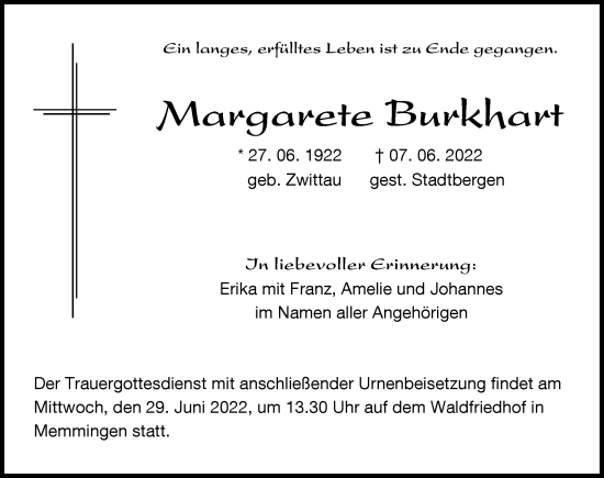 Traueranzeige von Margarete Burkhart von Memminger Zeitung