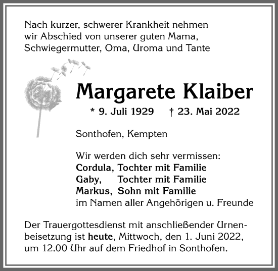 Traueranzeige von Margarete Klaiber von Allgäuer Anzeigeblatt