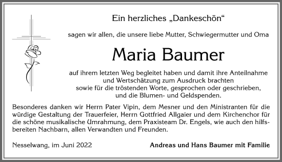 Traueranzeige von Maria Baumer von Allgäuer Zeitung, Füssen