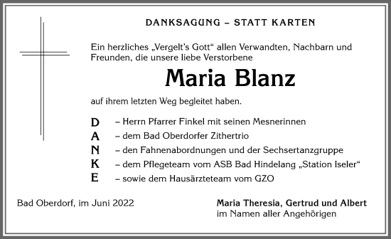 Traueranzeige von Maria Blanz von Allgäuer Anzeigeblatt