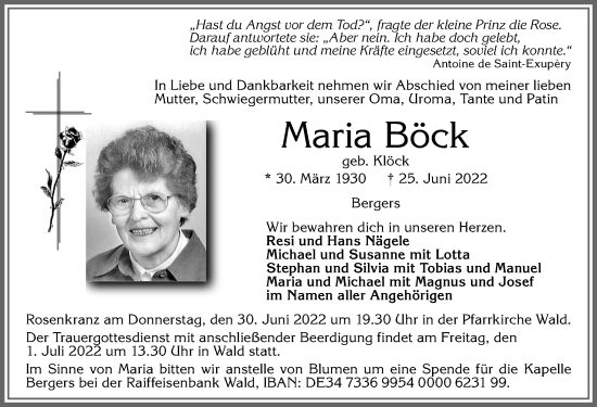Traueranzeige von Maria Böck von Allgäuer Zeitung, Marktoberdorf