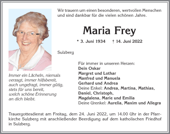 Traueranzeige von Maria Frey von Allgäuer Zeitung,Kempten