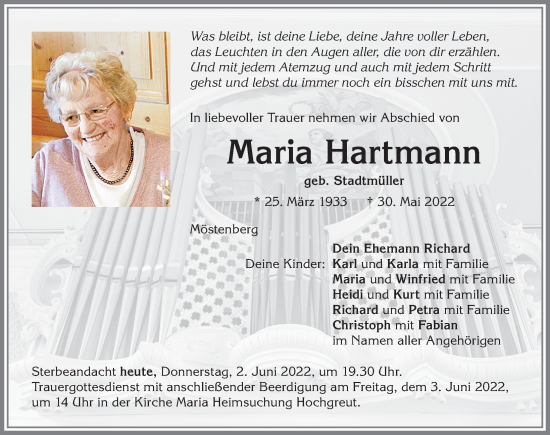 Traueranzeige von Maria Hartmann von Allgäuer Zeitung, Marktoberdorf
