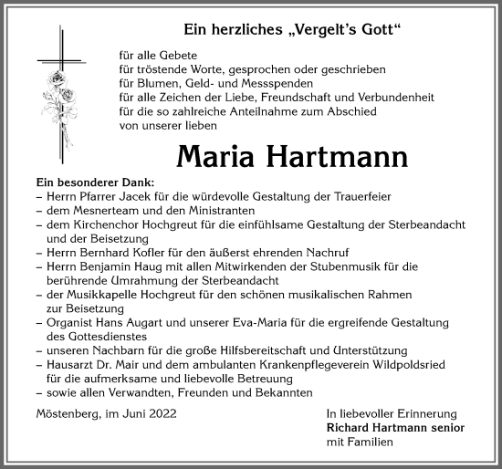 Traueranzeige von Maria Hartmann von Allgäuer Zeitung,Kempten