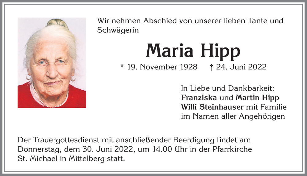  Traueranzeige für Maria Hipp vom 28.06.2022 aus Allgäuer Zeitung,Kempten