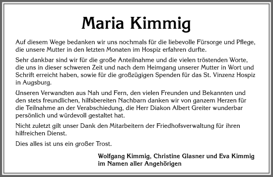 Traueranzeige von Maria Kimmig von Allgäuer Zeitung, Kaufbeuren/Buchloe