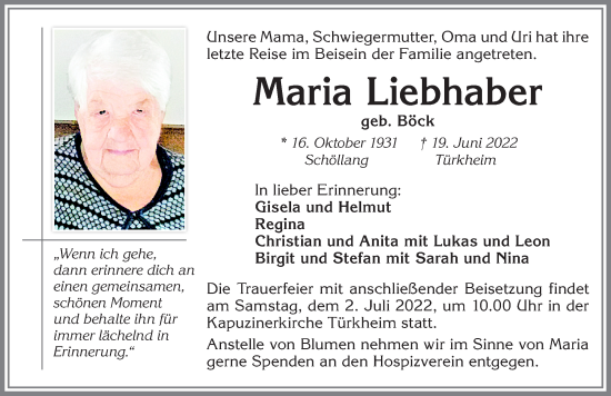 Traueranzeige von Maria Liebhaber von Mindelheimer Zeitung, Augsburger Allgemeine