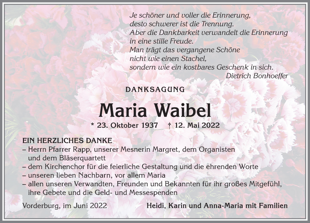  Traueranzeige für Maria Waibel vom 04.06.2022 aus Allgäuer Anzeigeblatt