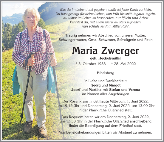 Traueranzeige von Maria Zwerger von Memminger Zeitung