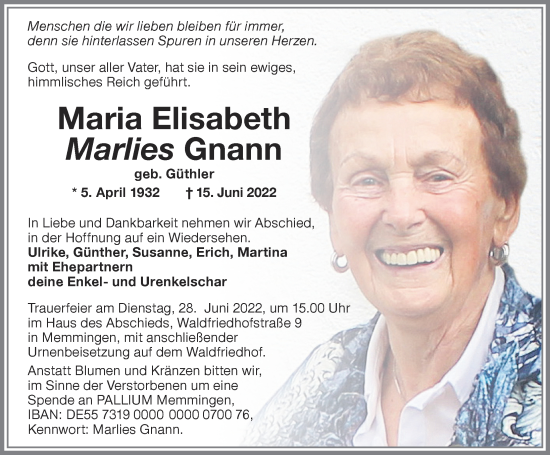 Traueranzeige von Maria Elisabeth Gnann von Memminger Zeitung