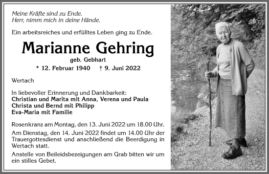Traueranzeige von Marianne Gehring von Allgäuer Anzeigeblatt
