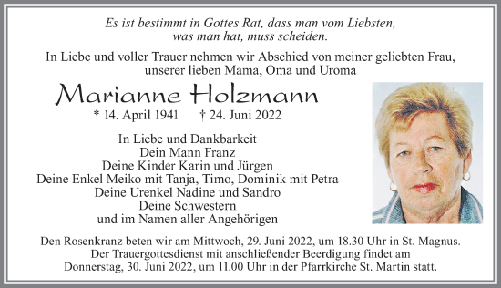Traueranzeige von Marianne Holzmann von Allgäuer Zeitung, Marktoberdorf