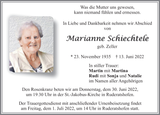 Traueranzeige von Marianne Schiechtele von Allgäuer Zeitung, Marktoberdorf