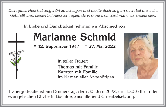 Traueranzeige von Marianne Schmid von Allgäuer Zeitung, Kaufbeuren/Buchloe