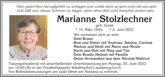 Traueranzeige von Marianne Stolzlechner von Allgäuer Zeitung, Kaufbeuren/Buchloe