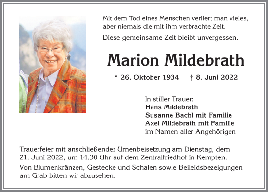 Traueranzeige von Marion Mildebrath von Allgäuer Zeitung,Kempten