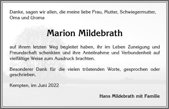 Traueranzeige von Marion Mildebrath von Allgäuer Zeitung,Kempten