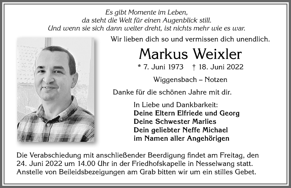  Traueranzeige für Markus Weixler vom 23.06.2022 aus Allgäuer Zeitung,Kempten