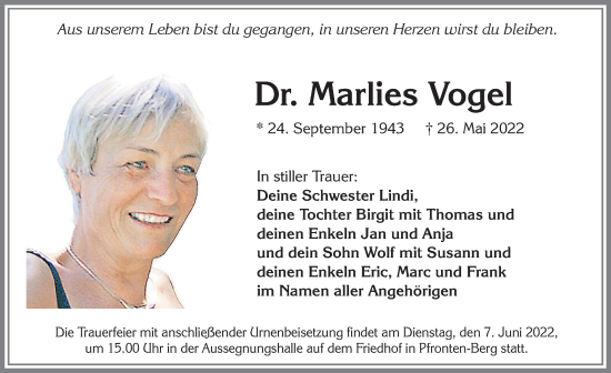 Traueranzeige von Marlies Vogel von Allgäuer Zeitung, Füssen