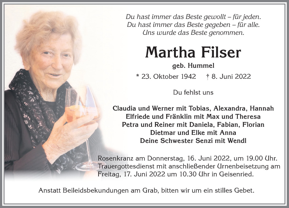  Traueranzeige für Martha Filser vom 14.06.2022 aus Allgäuer Zeitung, Marktoberdorf