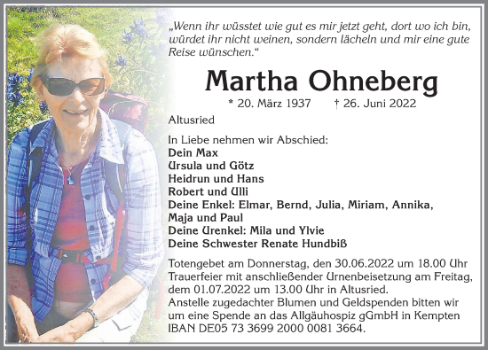 Traueranzeige von Martha Ohneberg von Allgäuer Zeitung,Kempten