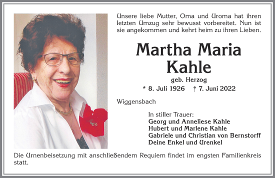 Traueranzeige von Martha Maria Kahle von Allgäuer Zeitung,Kempten