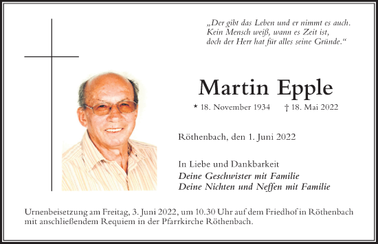 Traueranzeige von Martin Epple von Der Westallgäuer
