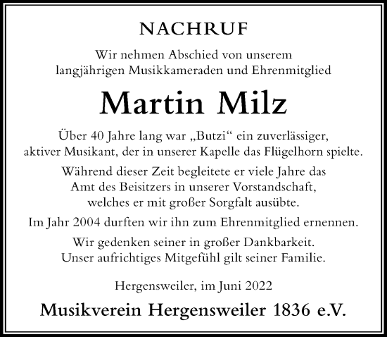 Traueranzeige von Martin Milz von Der Westallgäuer
