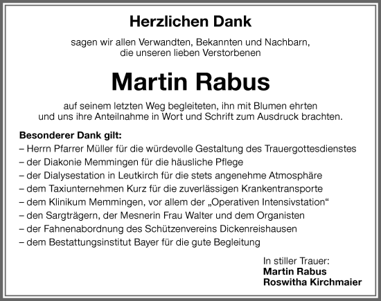 Traueranzeige von Martin Rabus von Memminger Zeitung