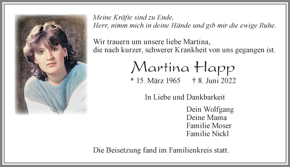  Traueranzeige für Martina Happ vom 22.06.2022 aus Allgäuer Zeitung, Füssen