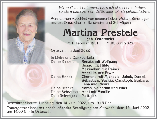 Traueranzeige von Martina Prestele von Allgäuer Zeitung, Kaufbeuren/Buchloe