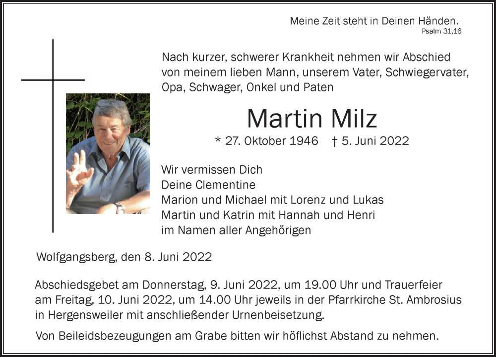  Traueranzeige für Martin Milz vom 08.06.2022 aus Der Westallgäuer