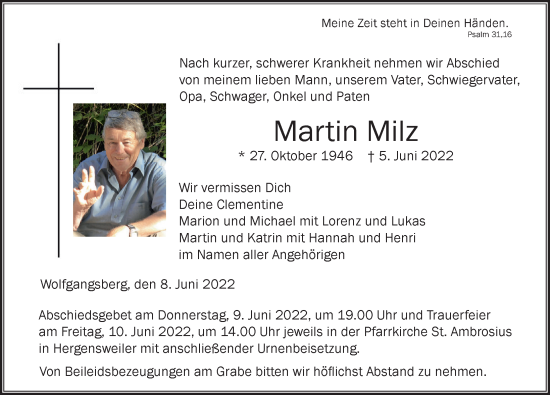 Traueranzeige von Martin Milz von Der Westallgäuer