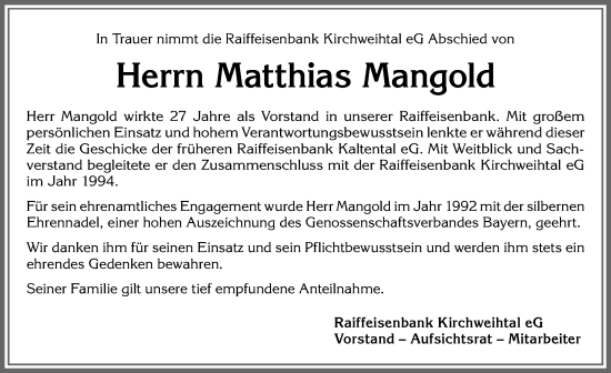Traueranzeige von Matthias Mangold von Allgäuer Zeitung, Kaufbeuren/Buchloe