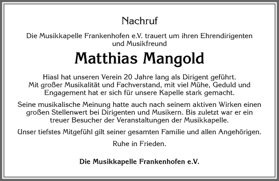 Traueranzeige von Matthias Mangold von Allgäuer Zeitung, Kaufbeuren/Buchloe