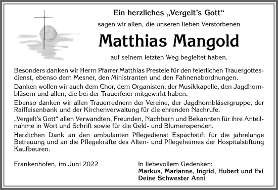 Traueranzeige von Matthias Mangold von Allgäuer Zeitung, Kaufbeuren/Buchloe