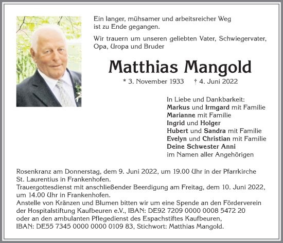 Traueranzeige von Matthias Mangold von Allgäuer Zeitung, Kaufbeuren/Buchloe